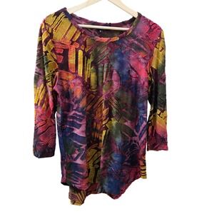 Calessa Top Womens M Colorful Burnout Artsy Boho Funky Blouse Casual 3/4‎ sleeve